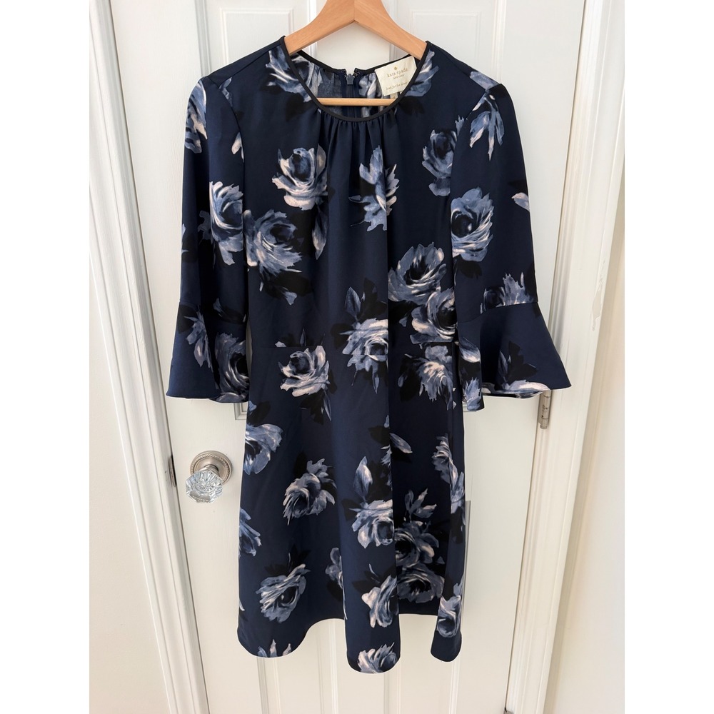 Kate Spade Floral Bell Sleeve Dress Navy Blue 4 Casual Workwear